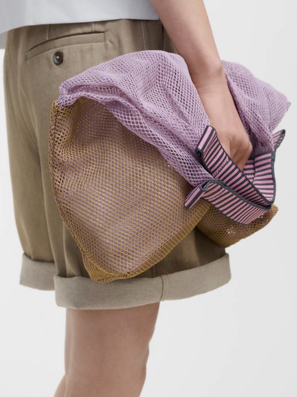 Epice Lavender and Brown Mesh Tote with Pink Striped Handles NWT